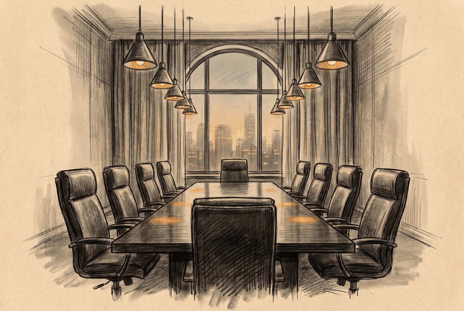 Charcoal sketch of a private boardroom — a long rectangular table lined with a dozen leather chairs beneath a row of warm pendant lights.
